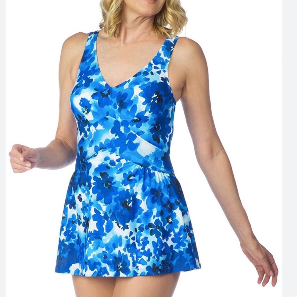 Maxine of Hollywood Swimdress One Piece Swimsuit full coverage Floral Blue